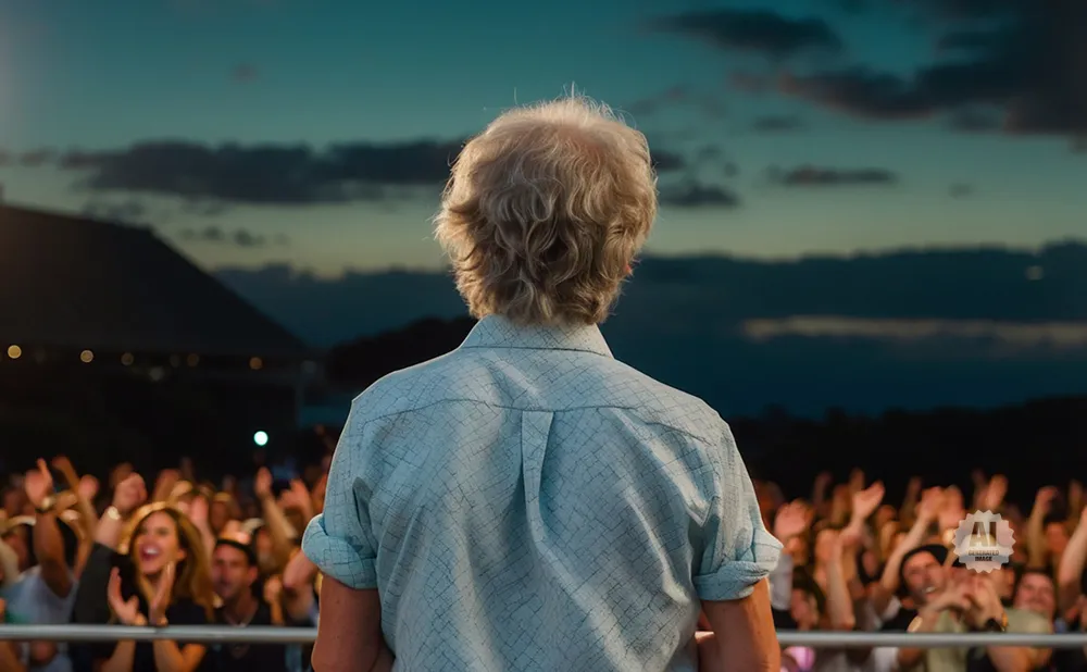 Man in light blue shirt with curly hair facing a cheering crowd at dusk.