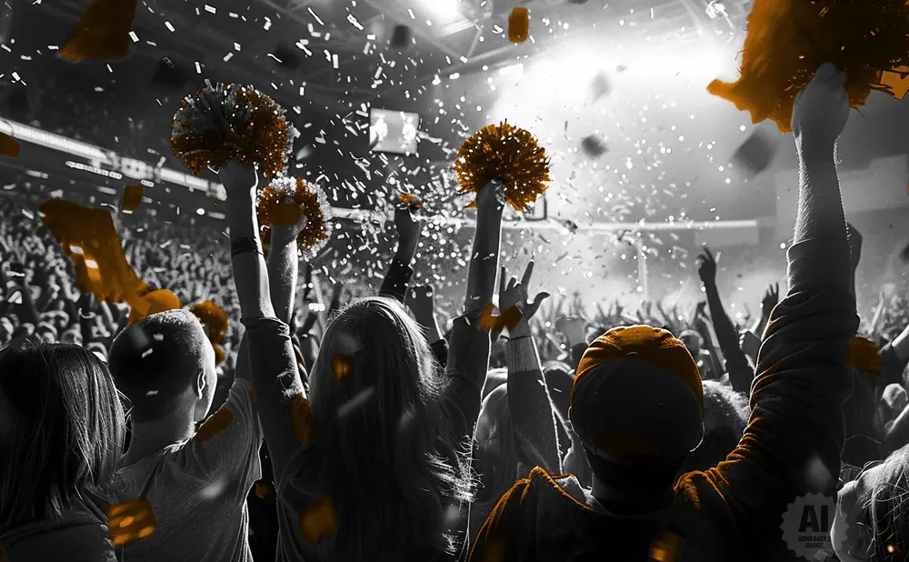A crowd cheers at an event with orange pom-poms and confetti.