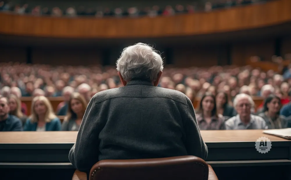 An older man with white hair speaks to a large audience from behind a wooden desk in a theater.