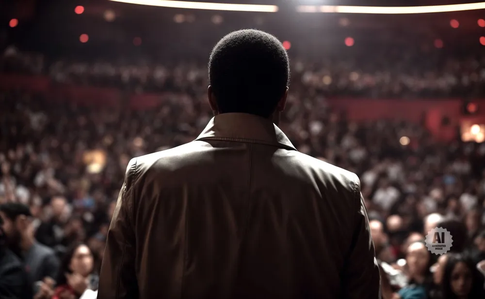 Man with afro and brown jacket faces a blurry audience in a theater.