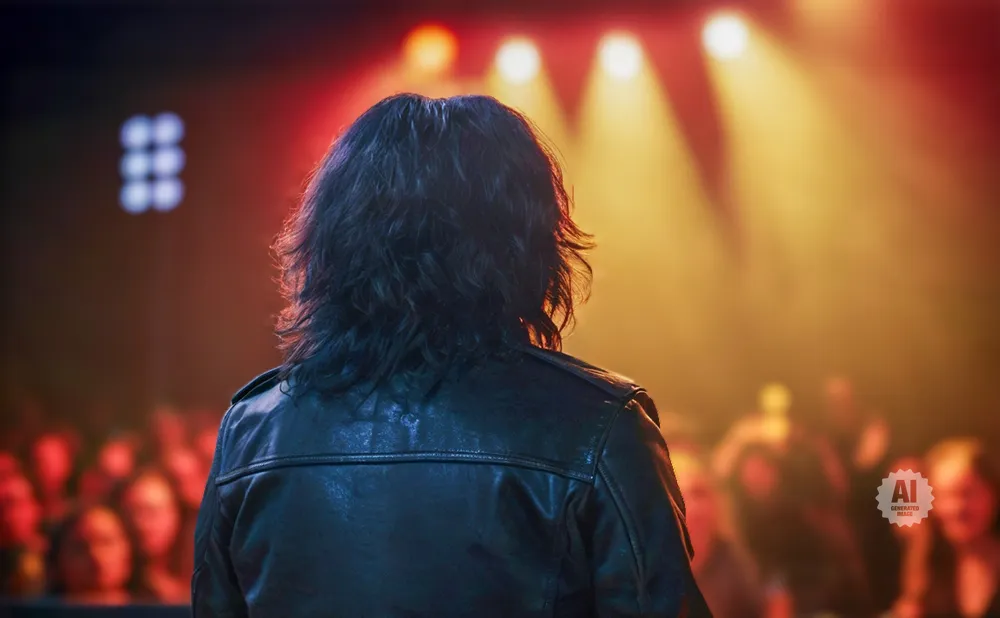 A person with long dark hair in a leather jacket faces away from the camera, looking at a blurred crowd and bright stage lights.