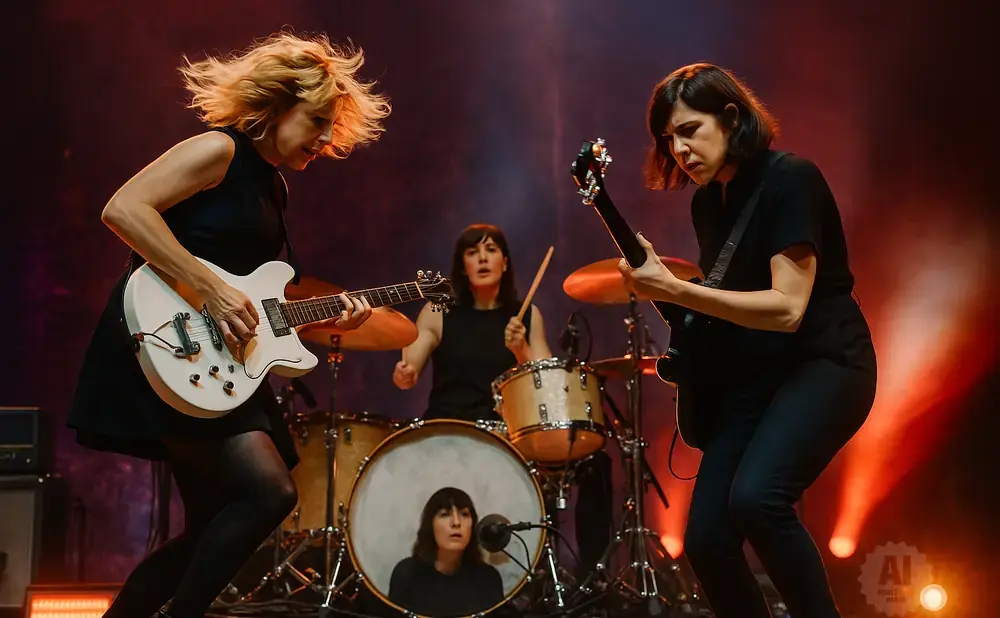 Three women performing on stage with guitars and drums.