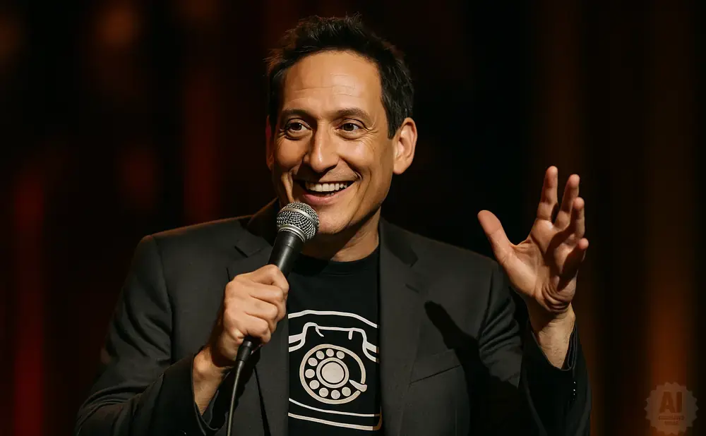 Comedian laughs into a microphone, wearing a black suit and a t-shirt with a rotary phone design.