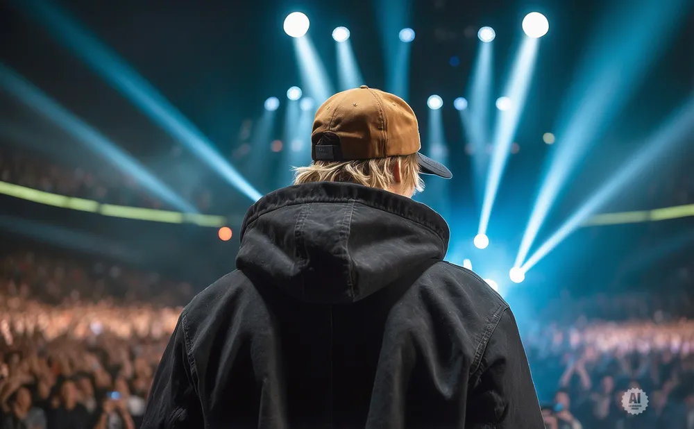 Back of a person in a black hoodie and baseball cap on stage with bright blue spotlights and a cheering audience.