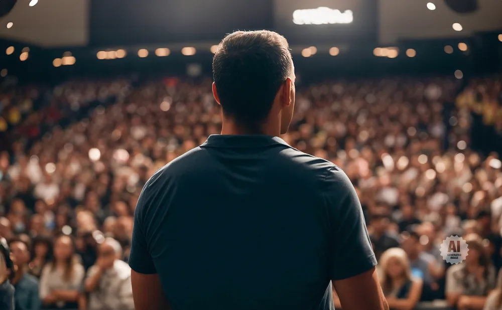 Man in a dark polo shirt faces a large, blurred audience.