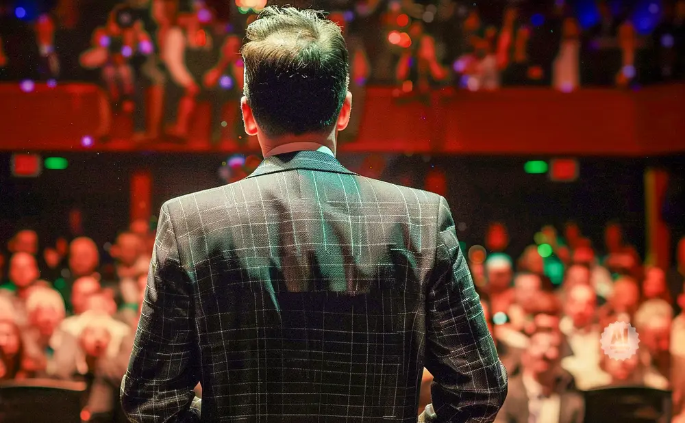 Man in a plaid suit faces away from the camera, speaking to a blurred audience in a dimly lit venue.