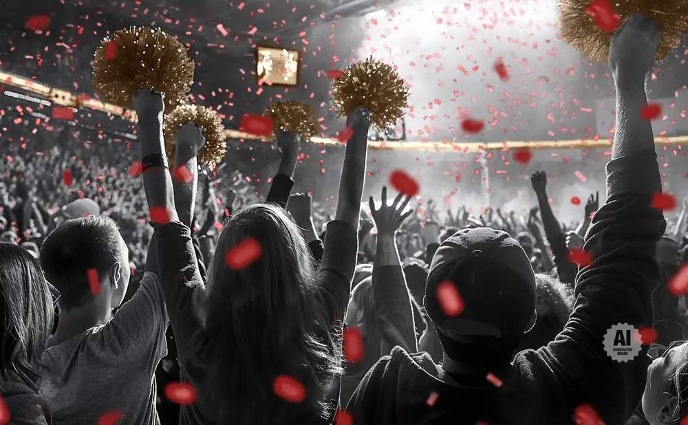 Crowd cheering with pom-poms and red confetti falling.
