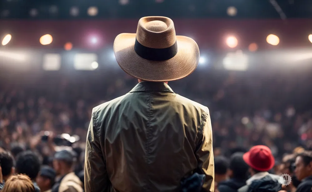 Person in a hat and jacket facing a blurred crowd and stage lights.
