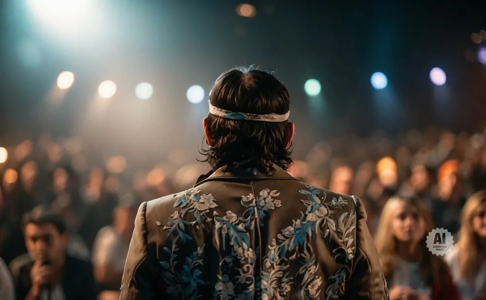 Back view of a performer in an embroidered jacket on stage, facing a blurred audience.