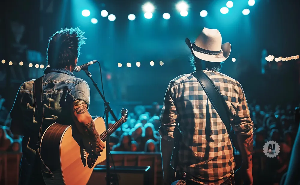 Two musicians on stage, one with an acoustic guitar and the other in a cowboy hat, perform for a crowd under blue spotlights.