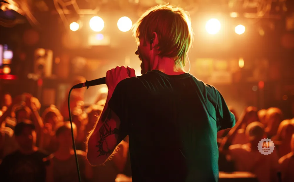 A singer with short blonde hair and tattoos performs into a microphone on a stage, with a blurred crowd in the background.