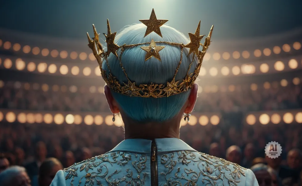 A person with blue hair wears a golden crown adorned with stars and a shimmering, embroidered jacket, facing a blurry audience.