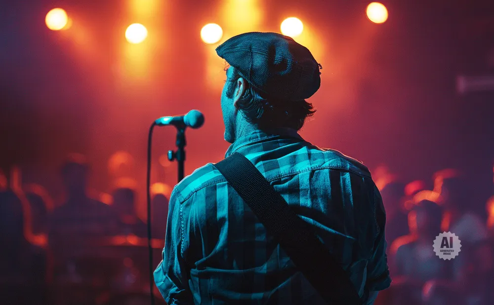 Back view of a musician wearing a flat cap and plaid shirt on stage with a microphone and blurred audience.