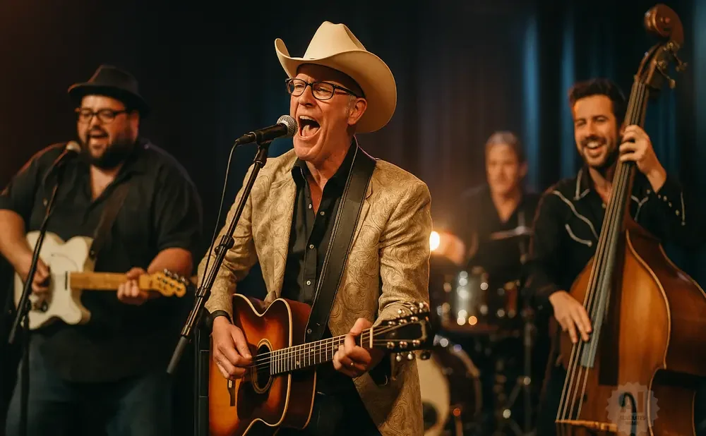 A country band performs on stage with a singer in a cowboy hat, guitarist, bassist, and drummer.