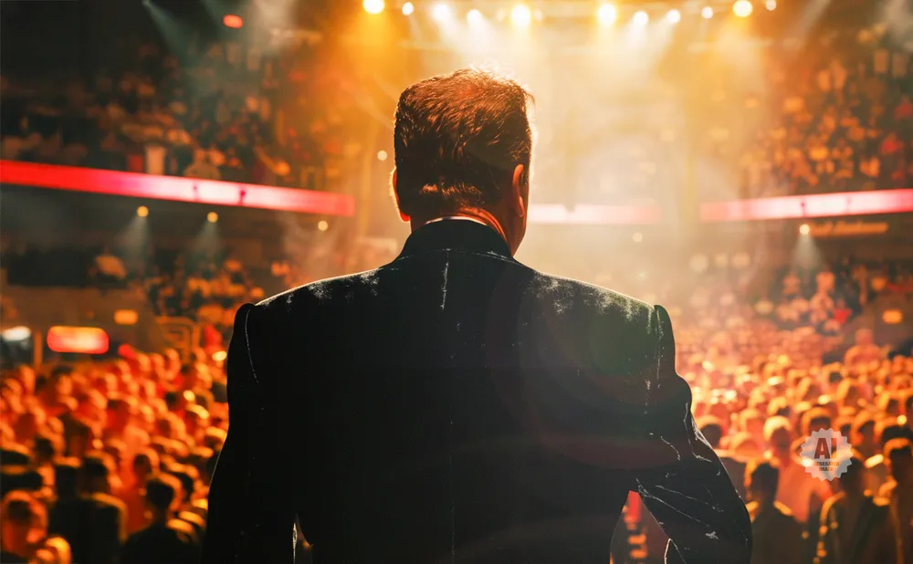 Man in a suit on stage facing a cheering crowd, bathed in golden spotlight.