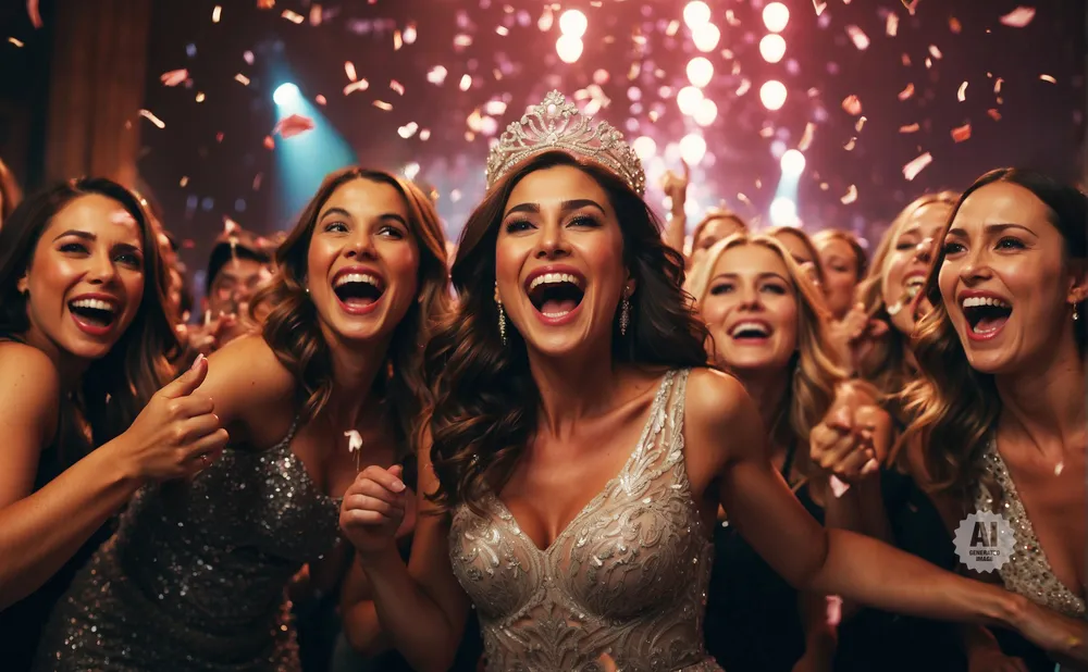 A beauty pageant winner with a crown smiles, surrounded by cheering women during a confetti celebration.