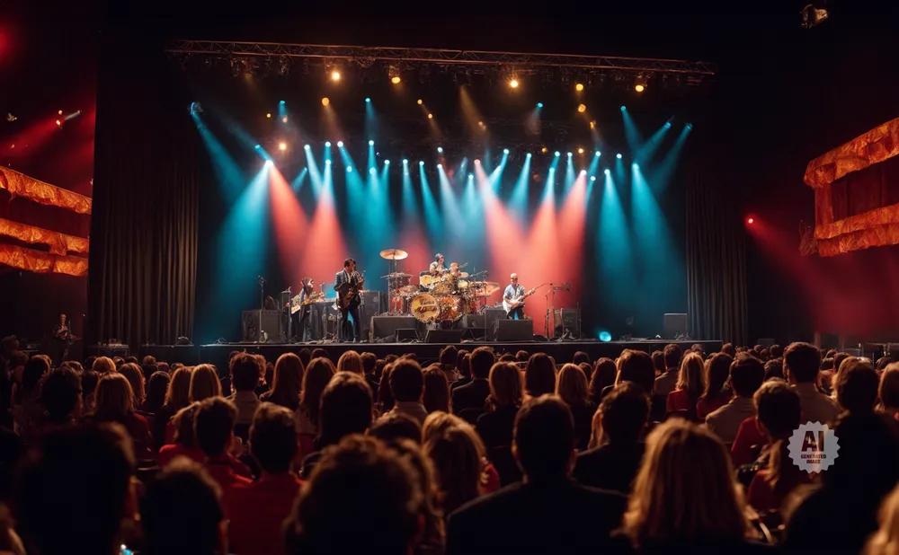 A band plays on a dimly lit stage, bathed in red and blue spotlights, facing a seated audience.