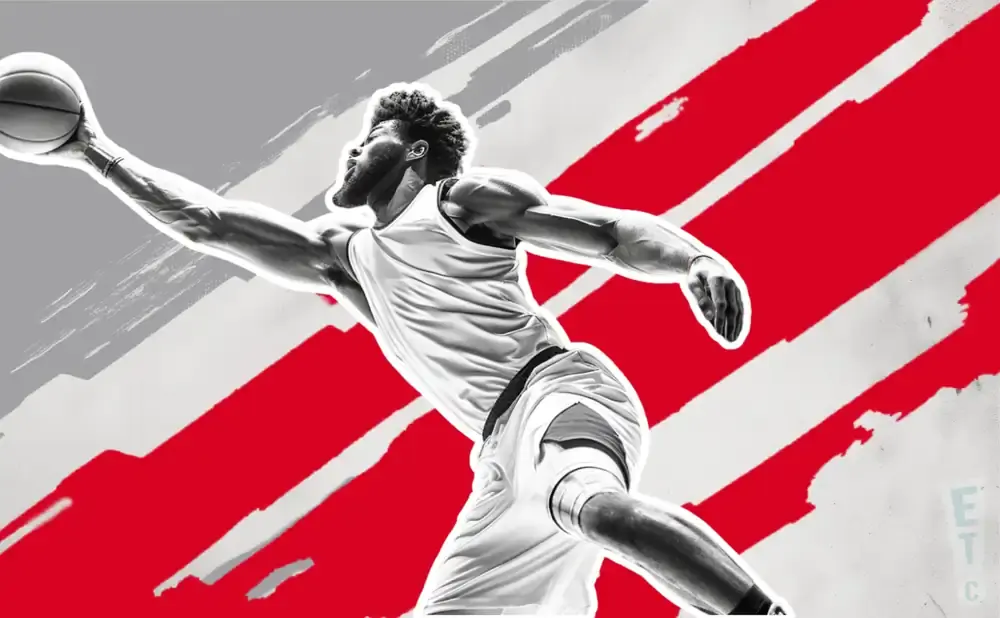 Basketball player jumping with ball against a red and gray abstract background.