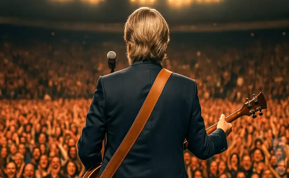 A musician in a suit with a guitar and a microphone faces a cheering crowd.