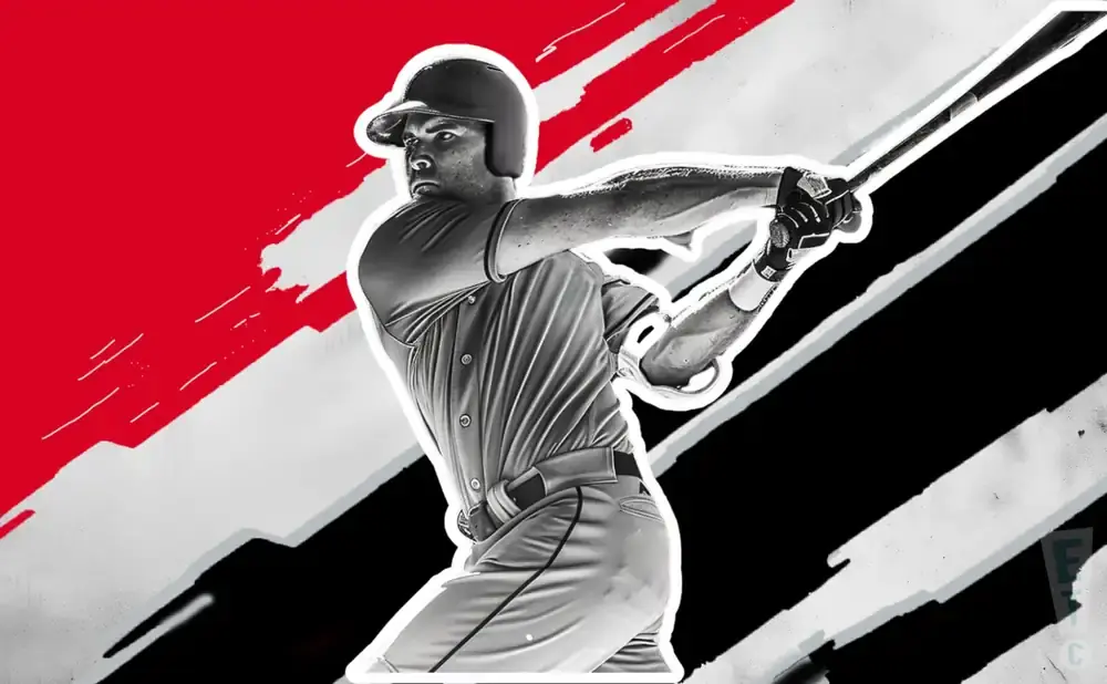 A baseball player swings a bat against a background of red and black stripes.