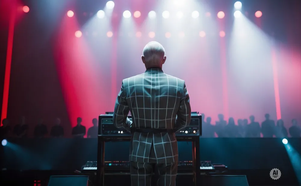 Man in a checkered suit stands before a synthesizer on a stage with red and white spotlights.