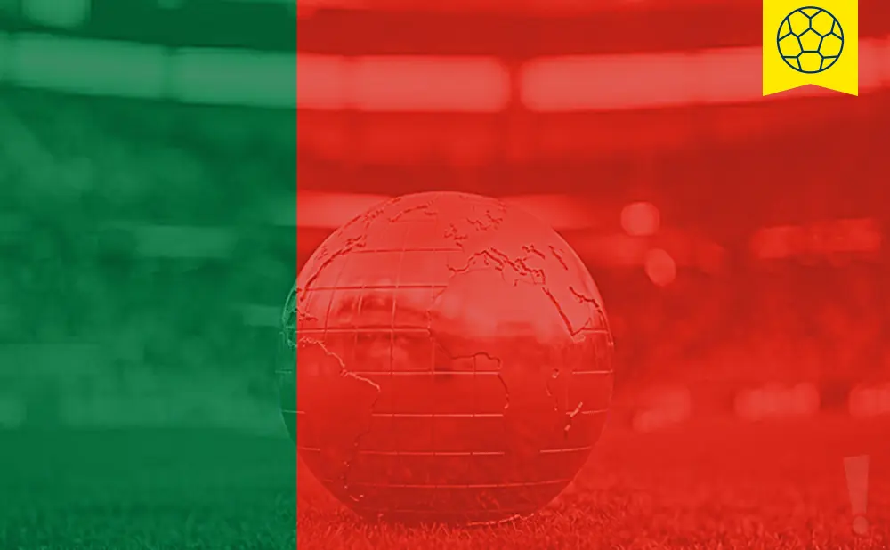 A globe on a grassy field with a green and red overlay, featuring a soccer ball icon.