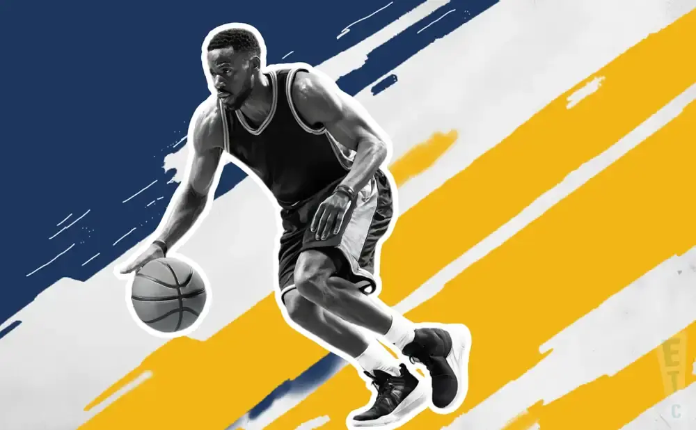 A Black basketball player dribbles a ball on a background of blue and yellow brushstrokes.