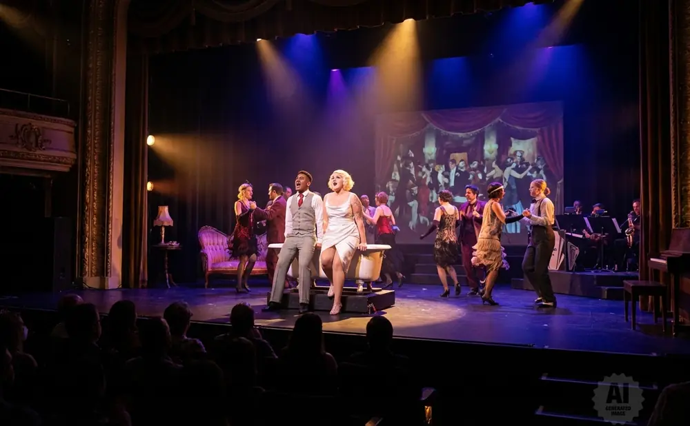Actors in 1920s attire perform on a stage with a band and a large screen behind them.