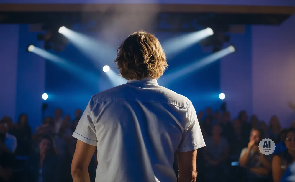 A person with wavy blonde hair faces away from the camera, standing on a stage in front of a blurry audience.
