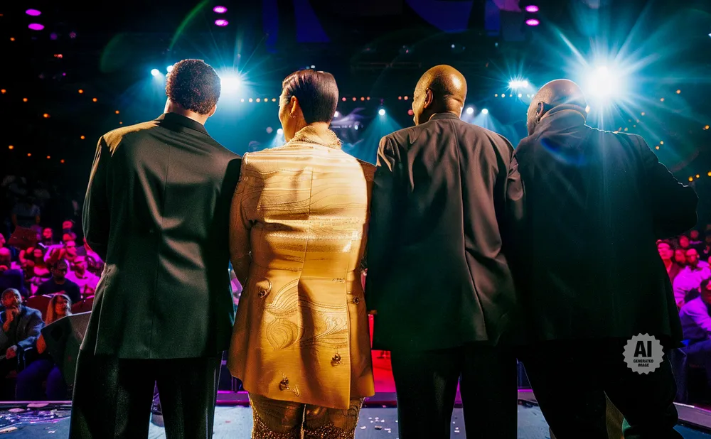 Back view of four people in formal wear on a stage with bright lights and an audience.