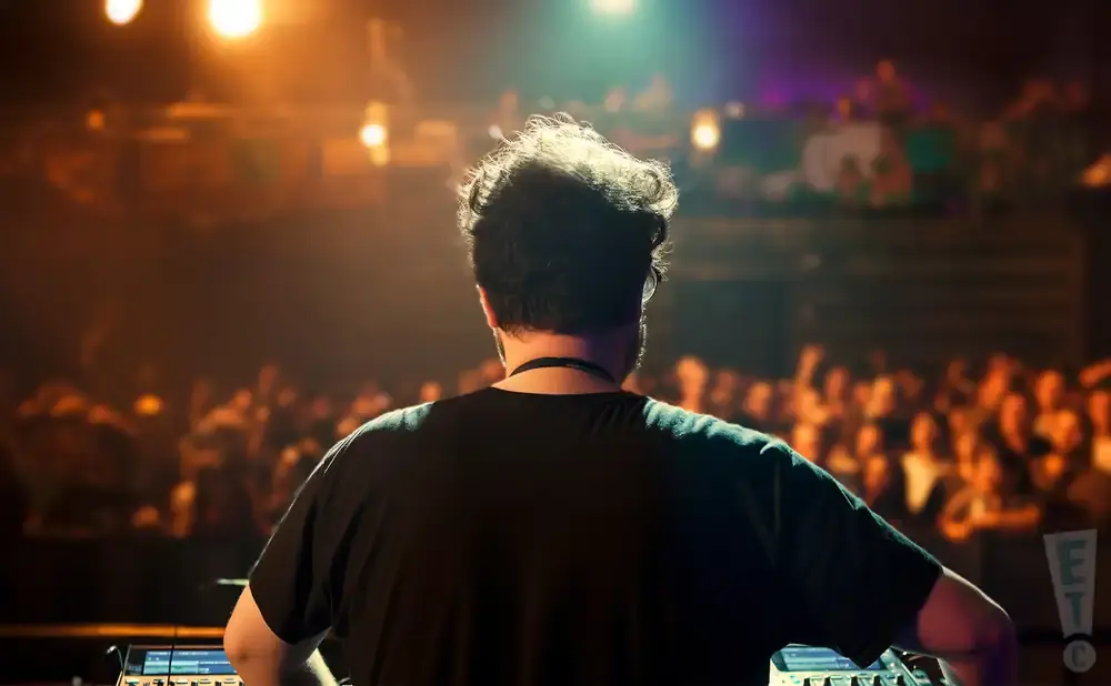 A DJ from behind, facing a blurred crowd at a concert, with stage lights above.