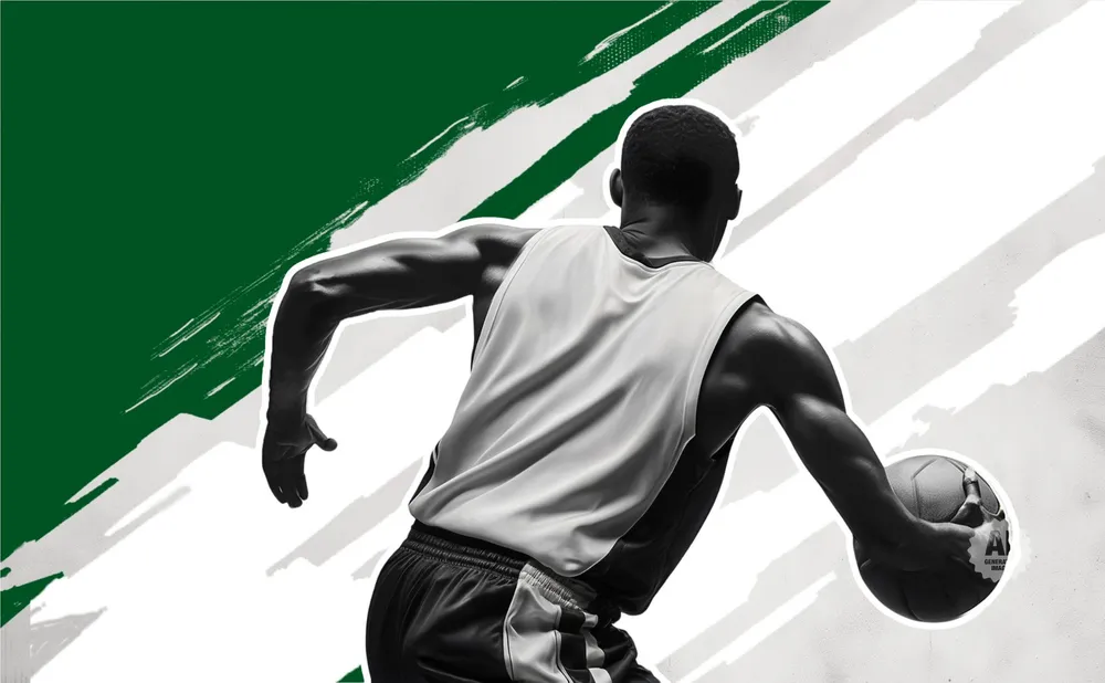 Black and white image of a basketball player dribbling a ball with green and white brush strokes in the background.