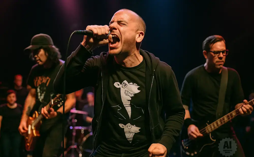 A bald man screams into a microphone on stage with his band.