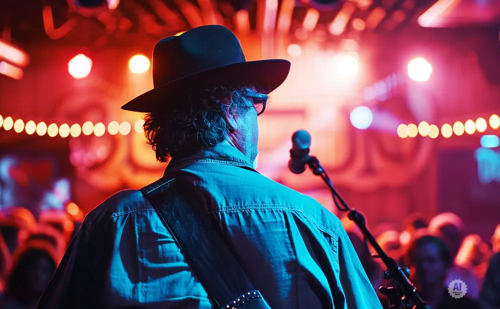 Musician in a hat on stage, back to camera, with red and blue stage lights.