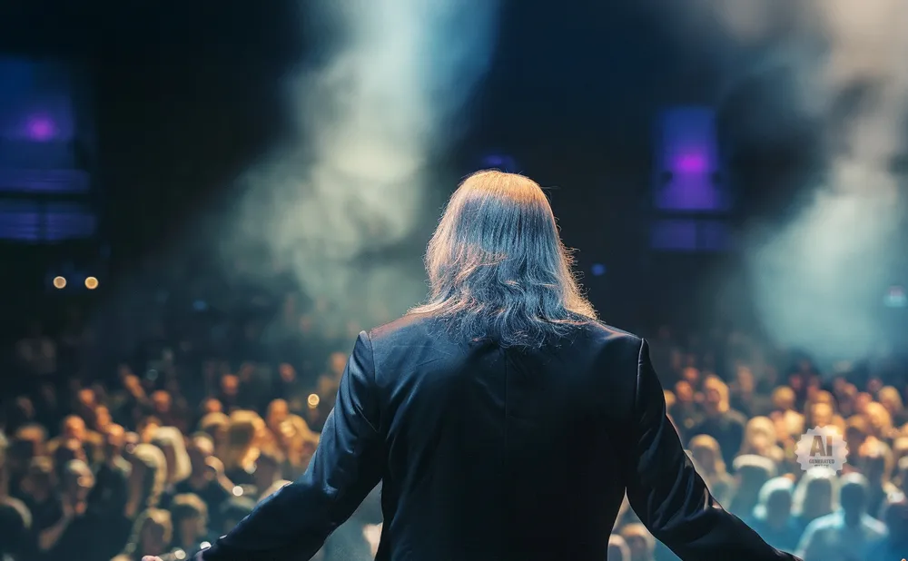A long-haired person in a black suit faces away from the camera, addressing a crowd under a spotlight.