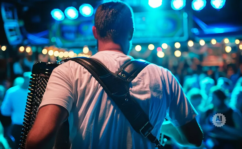 A musician playing an accordion on a brightly lit stage.
