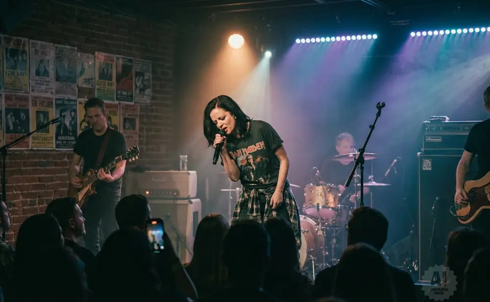 A female singer in a band performs for a crowd at a concert venue, with a guitarist and drummer on stage.
