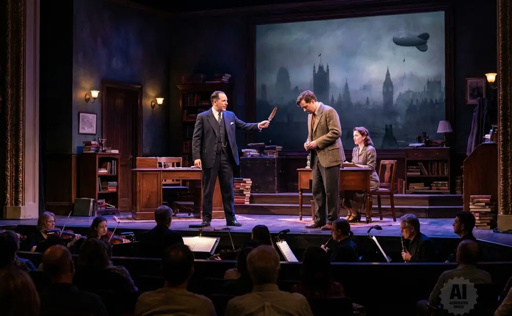 Stage play with actors on set, an orchestra in the foreground, and audience in the seats.