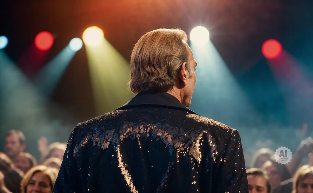 A man in a sequined jacket stands facing away from the camera, with stage lights and an audience behind him.