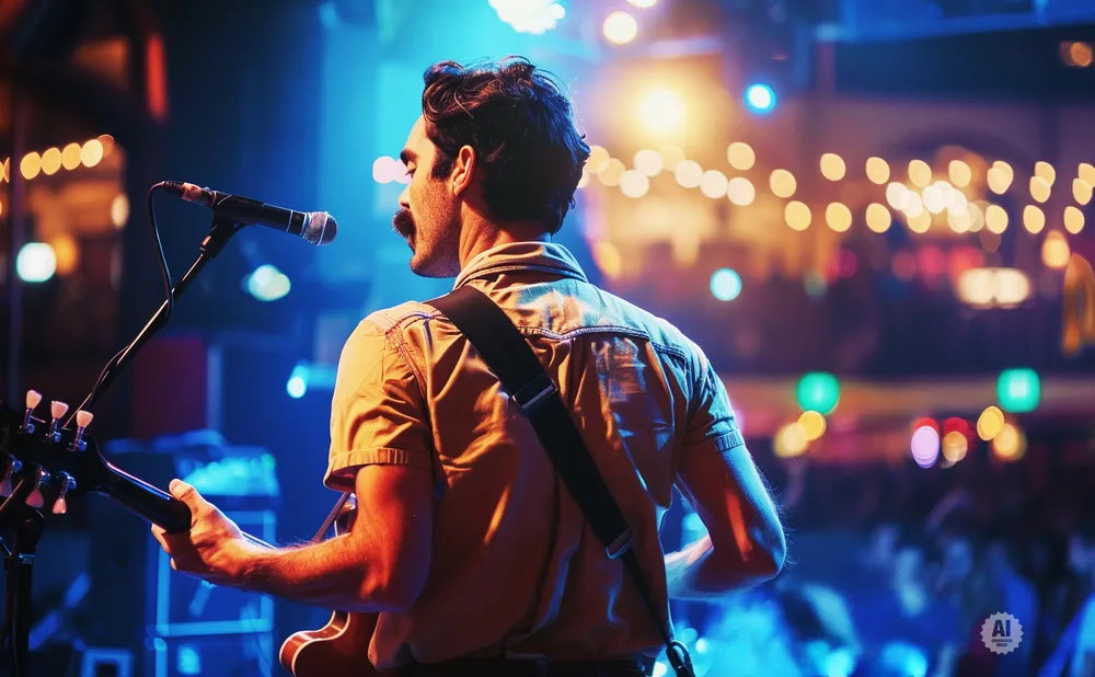 Musician with a mustache plays guitar on stage with bokeh lights in the background.