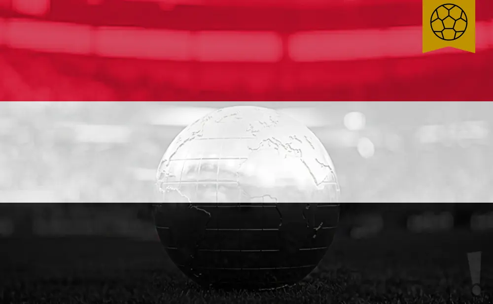 A globe is superimposed on the flag of Yemen, with a soccer ball emblem in the top right corner.
