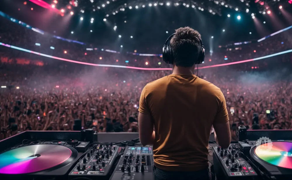 DJ with headphones plays to a cheering crowd at a concert, with colorful lights and fog filling the stadium.