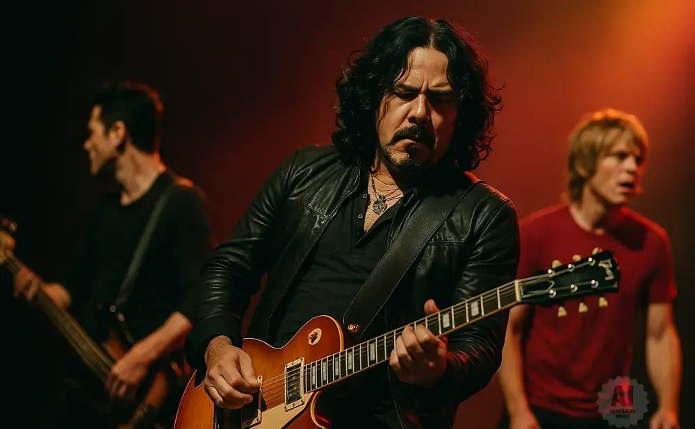 A male guitarist in a black leather jacket performs with a band.