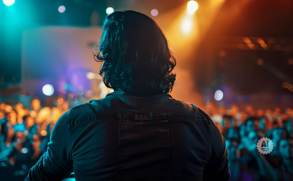 A man with dark, wavy hair in a denim jacket faces away from the camera at a concert, with bright stage lights illuminating the blurred crowd.