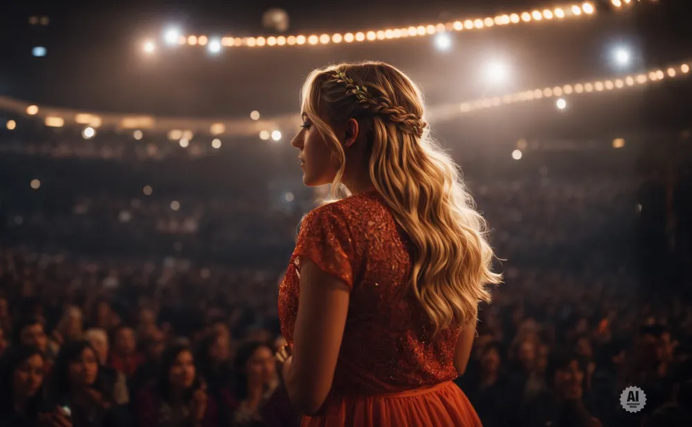 Blonde woman in orange dress on stage facing audience.