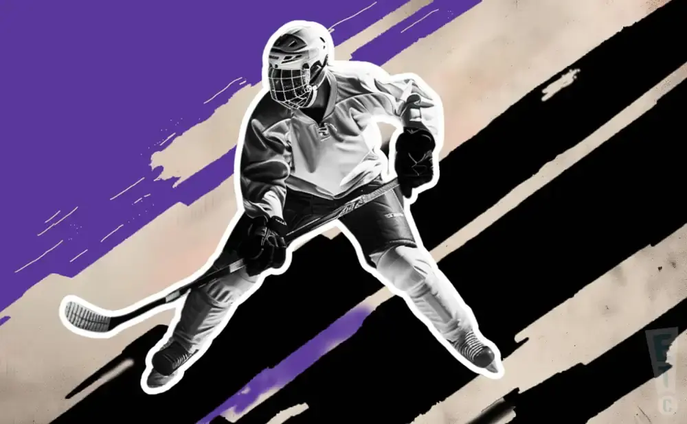 A black and white hockey player in full gear lunges forward with a stick, set against a purple and black abstract background.