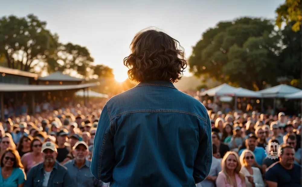 Back view of a person in a denim jacket facing a large, sunlit crowd at an outdoor event.