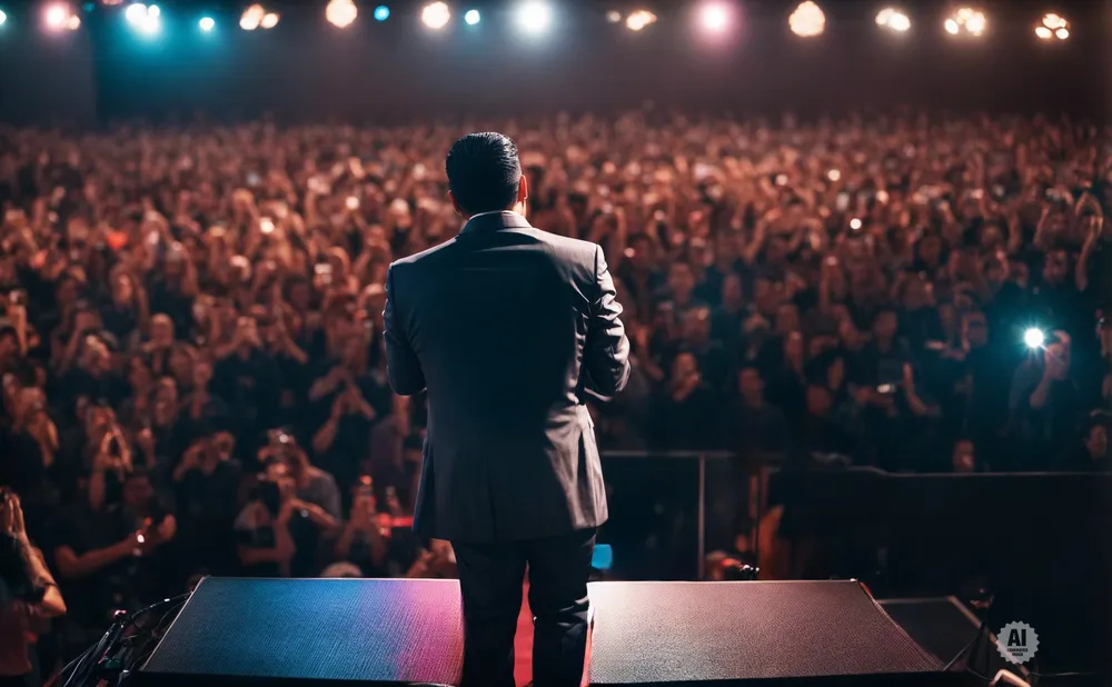 A man in a suit stands on stage facing a large, cheering crowd in a dimly lit auditorium.