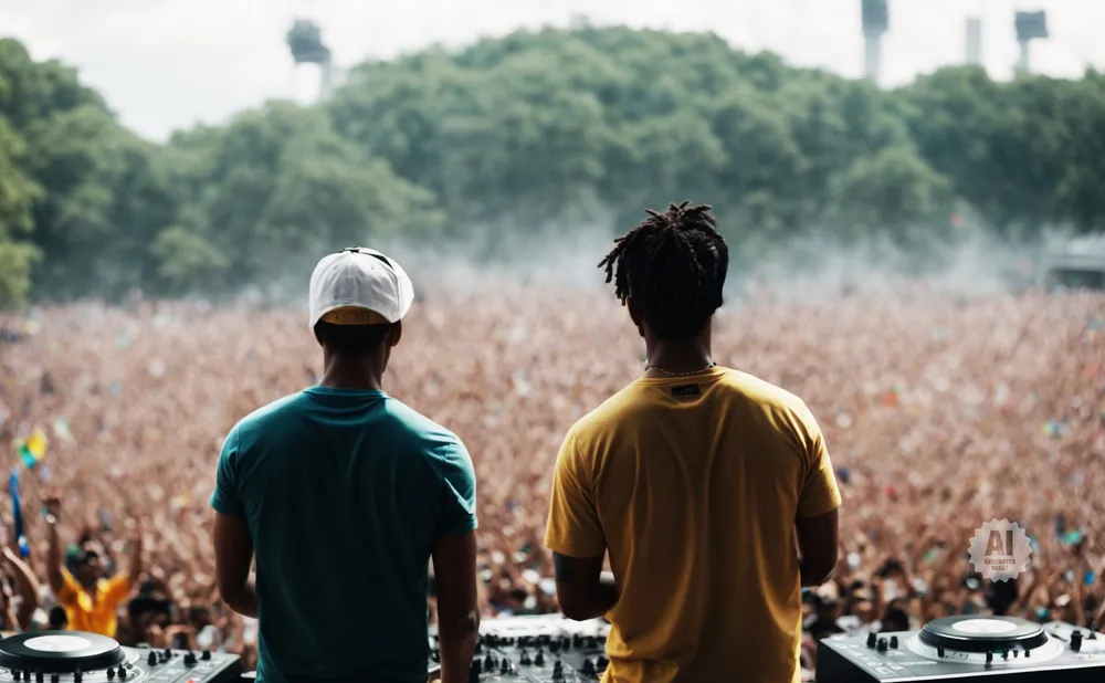Two DJs stand on stage, facing a massive, cheering crowd at an outdoor music festival.