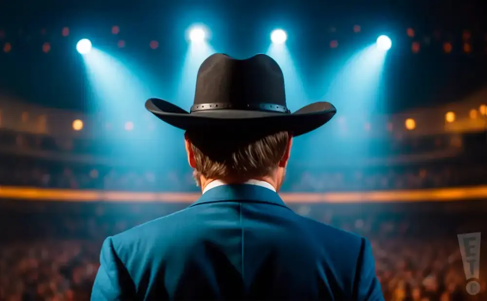 Man in a cowboy hat and blue suit facing away from camera, bathed in stage lights with a blurred audience behind.